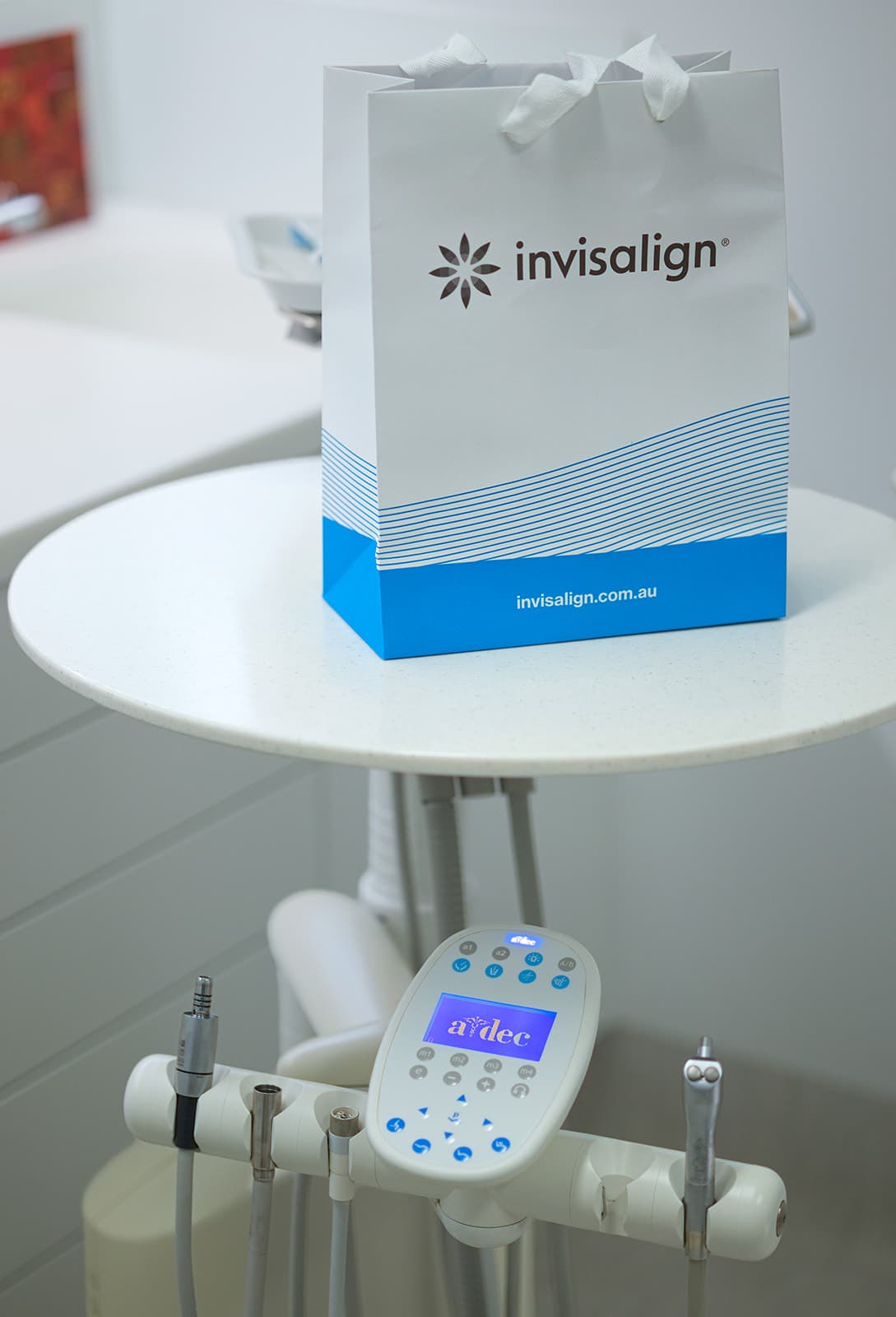Invisalign bag on the treatment tray beside the dental unit