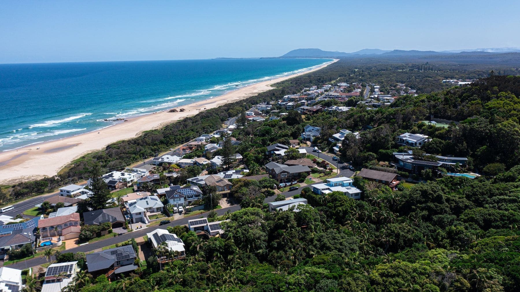 Aerial of a coastal suburb and long surf beach