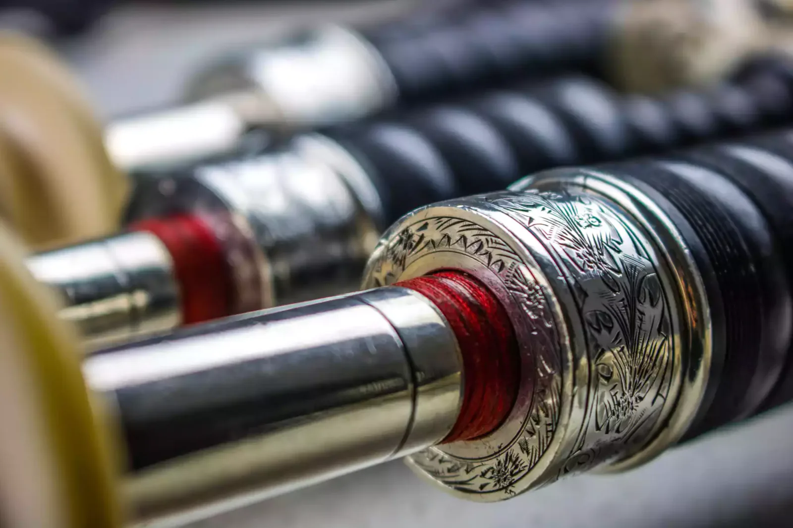 Close-up of engraved silver fittings on an instrument