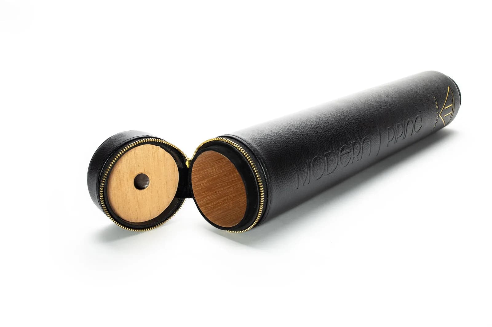 Open black tube case showing its branded inner label