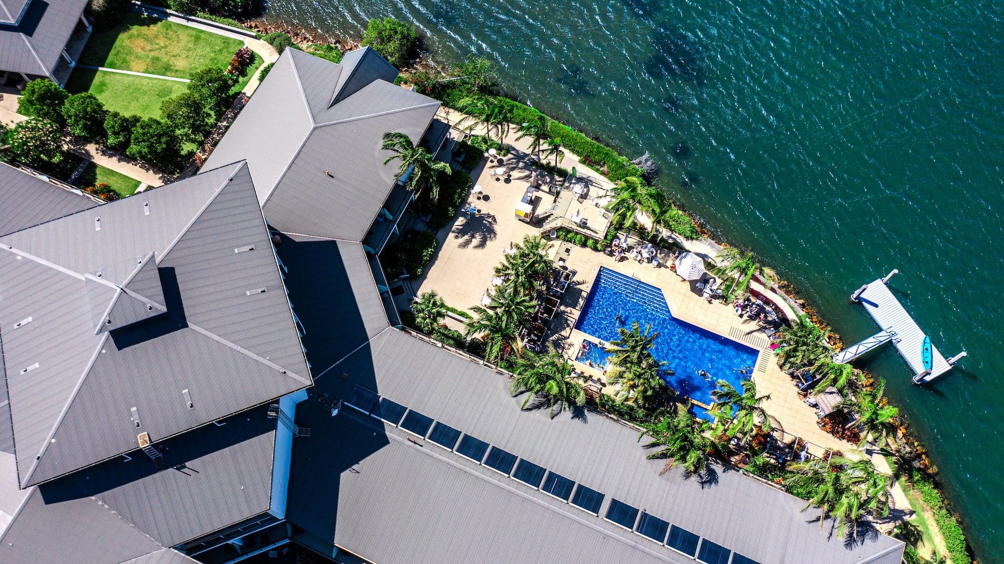 Aerial of Rydges Sails resort on the Hastings River, Port Macquarie